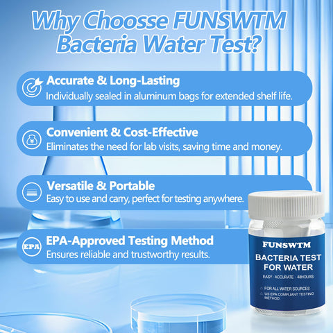Instruction card from FUNSWTM Coliform Test Kit guides simple at-home steps.