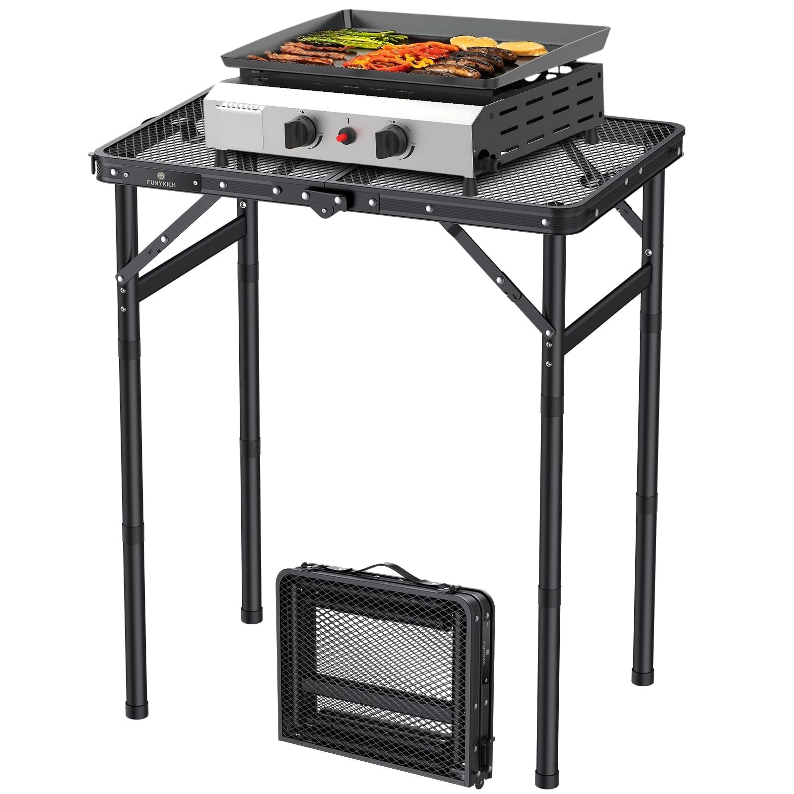 FUNYKICH folding grill table folded with handle, easy to carry on camping trips.