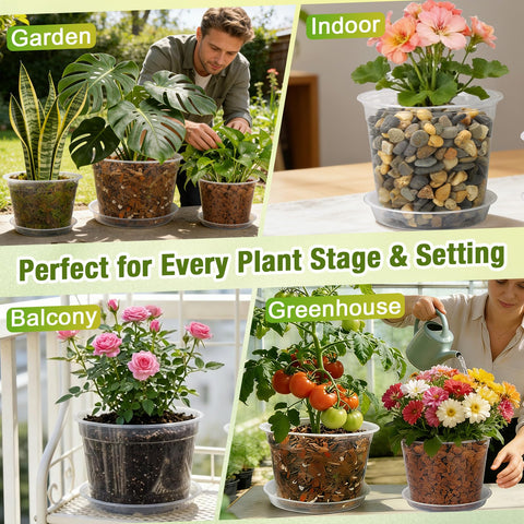 FUOAUYK clear nursery pots with saucers suitable for indoor, outdoor, balcony, and greenhouse use