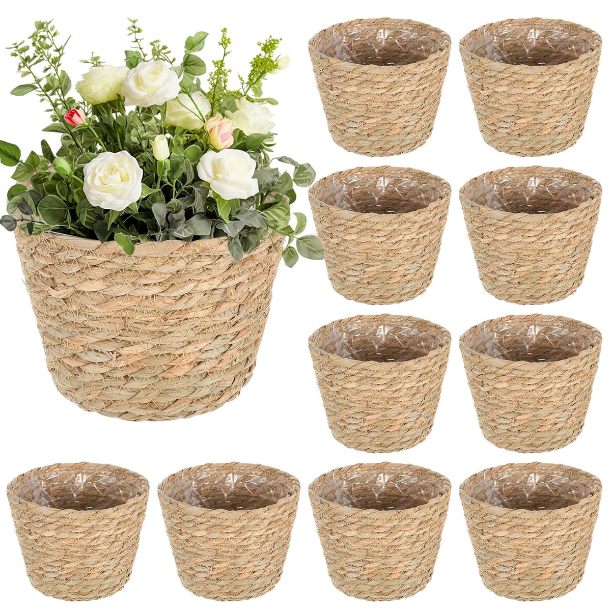 FUPMILPHRANX seagrass baskets 10-piece set for versatile plant displays.