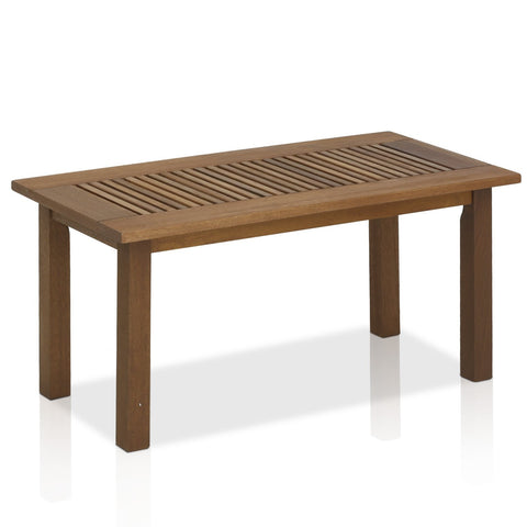Furinno Tioman coffee table with teak-oil finish for outdoor spaces.