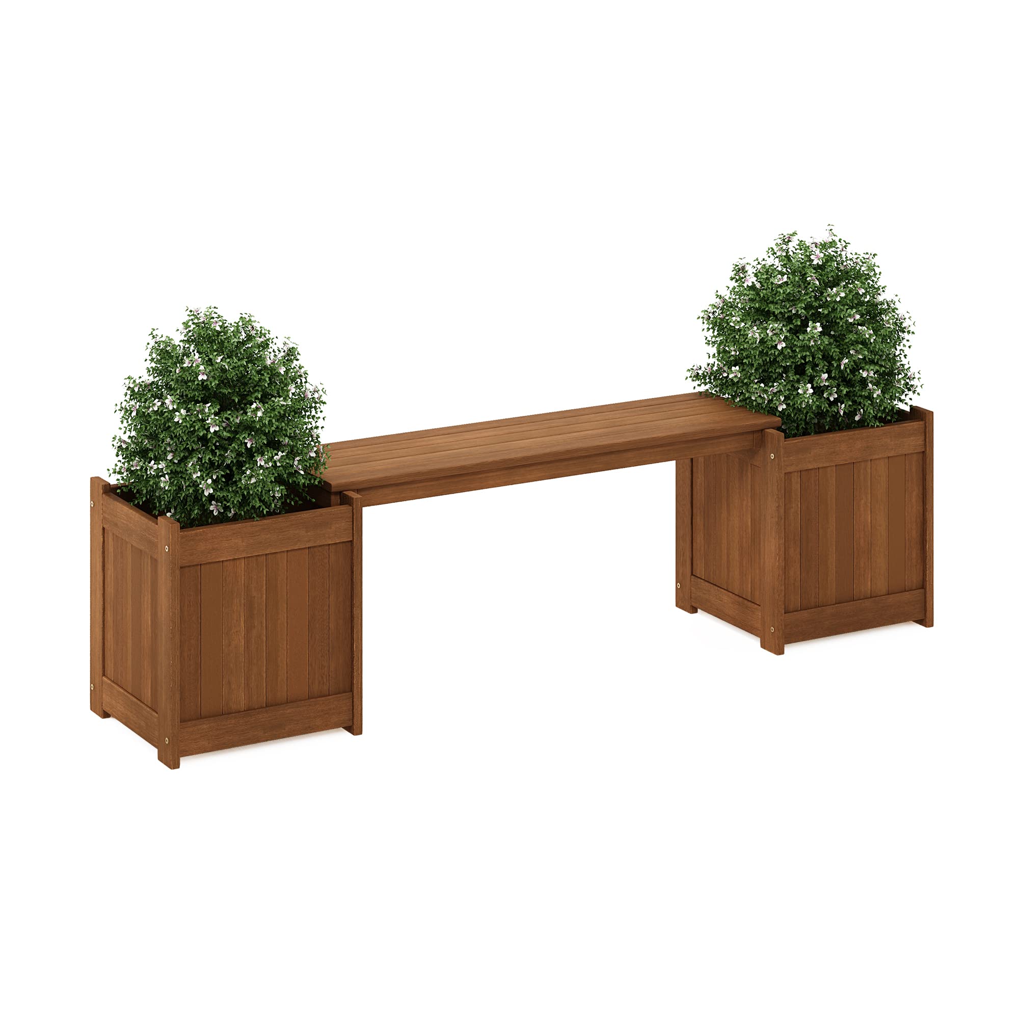Furinno Tioman flower box front view shows durable meranti wood with teak oil finish.
