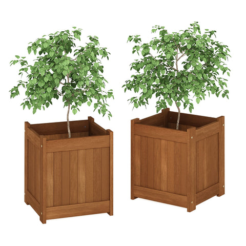 Furinno Tioman flower box pair in natural meranti wood for outdoor patios.