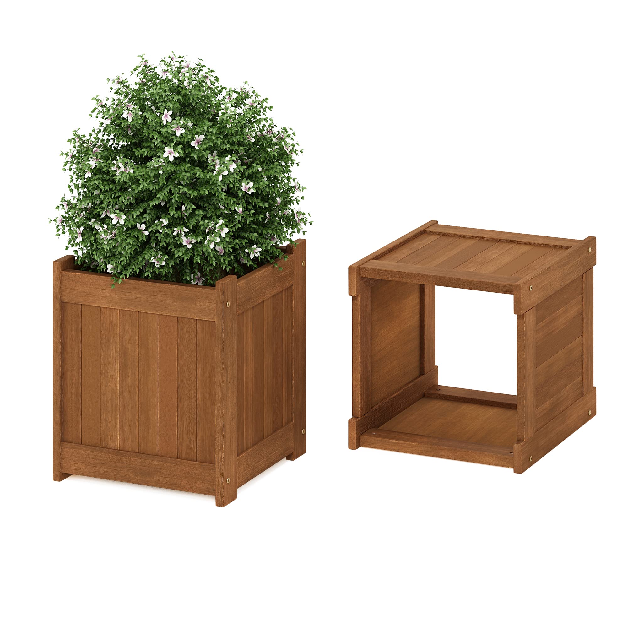 Furinno Tioman flower box placed in garden, ideal for pots and plants.