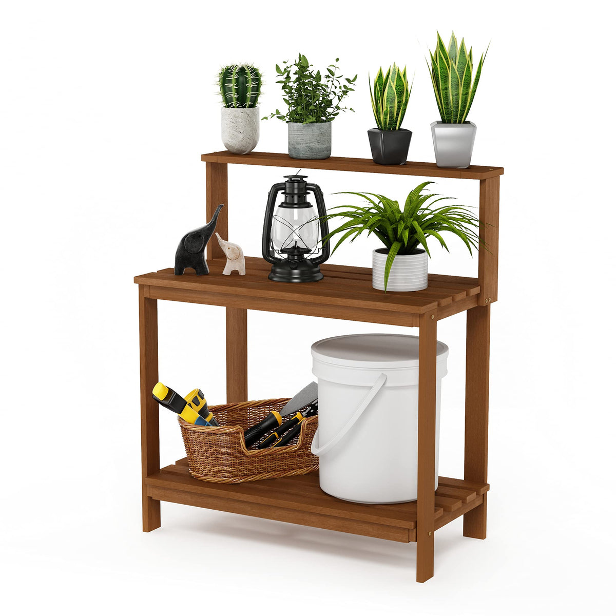 Furinno Tioman potting bench rail keeps tools within reach and organized