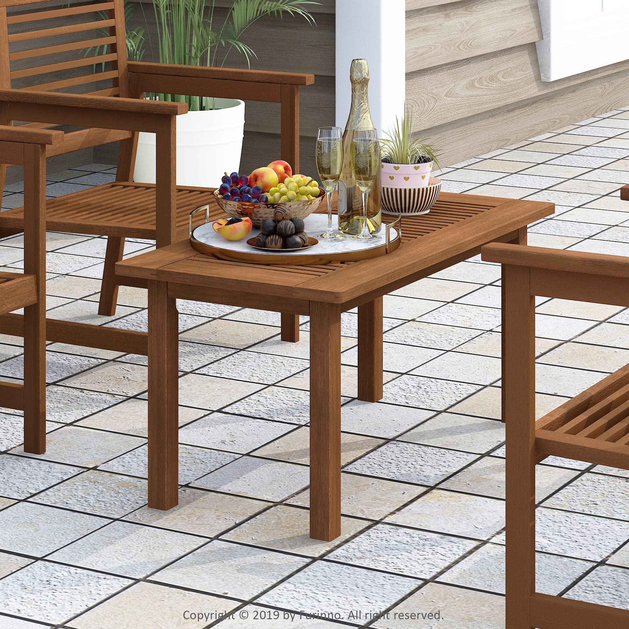 Furinno Tioman solid hardwood construction with teak oil protection.