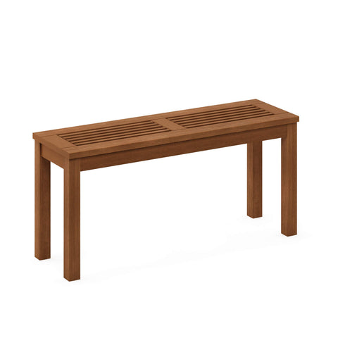 Close look at dark red meranti wood with teak oil finish on Tioman bench.