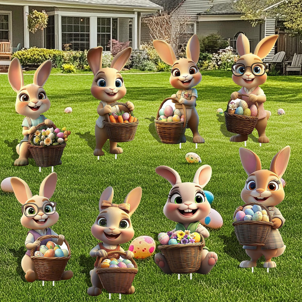 FurniCore Easter yard signs with bunny and egg motifs for a bright front-yard display.