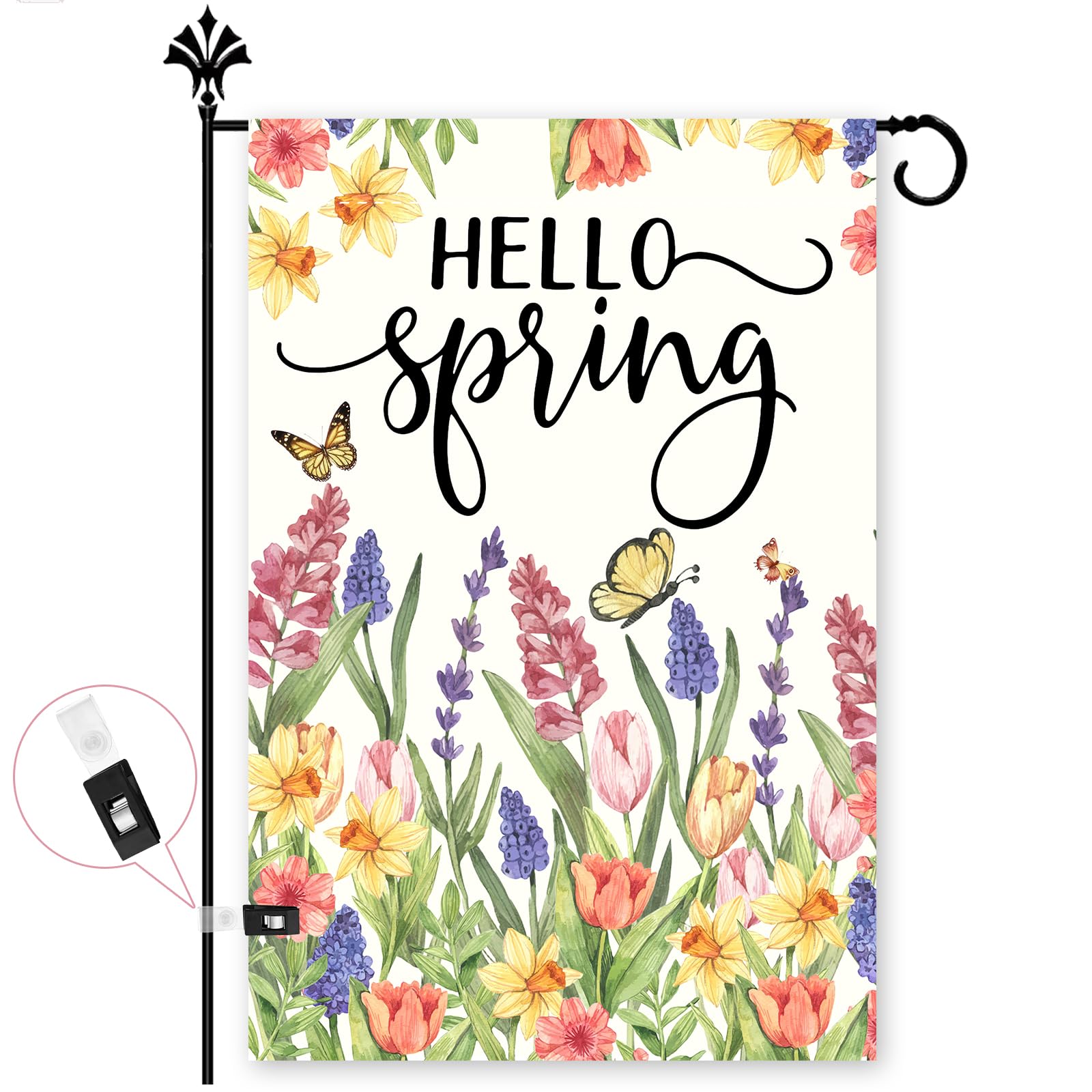 FurniGift Hello Spring flag with tulips and lavender flowers for a welcoming front porch.