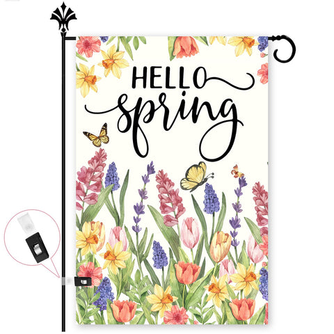 FurniGift Hello Spring flag with tulips and lavender flowers for a welcoming front porch.