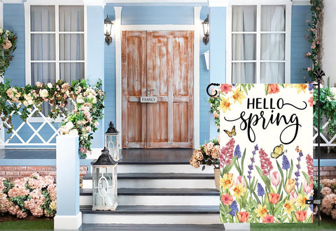 FurniGift spring-summer floral welcome flag highlights vibrant colors for garden curb appeal.