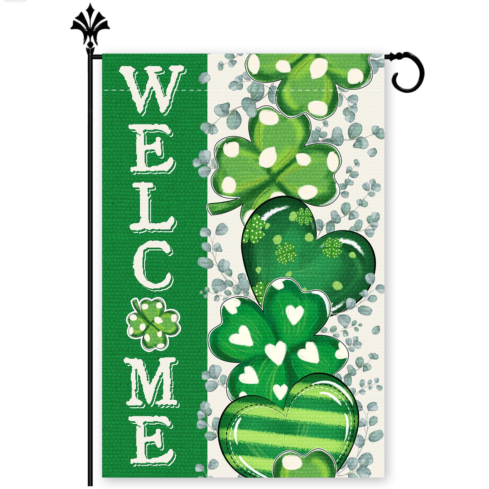 FurniGift garden flag with double-sided shamrocks and hearts, welcoming guests with festive charm