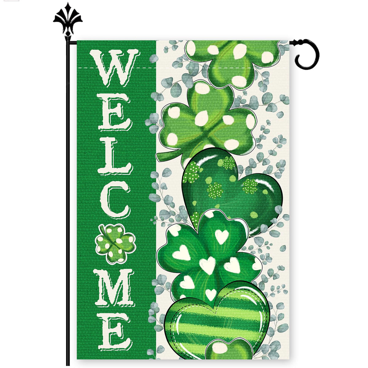 FurniGift garden flag with double-sided shamrocks and hearts, welcoming guests with festive charm