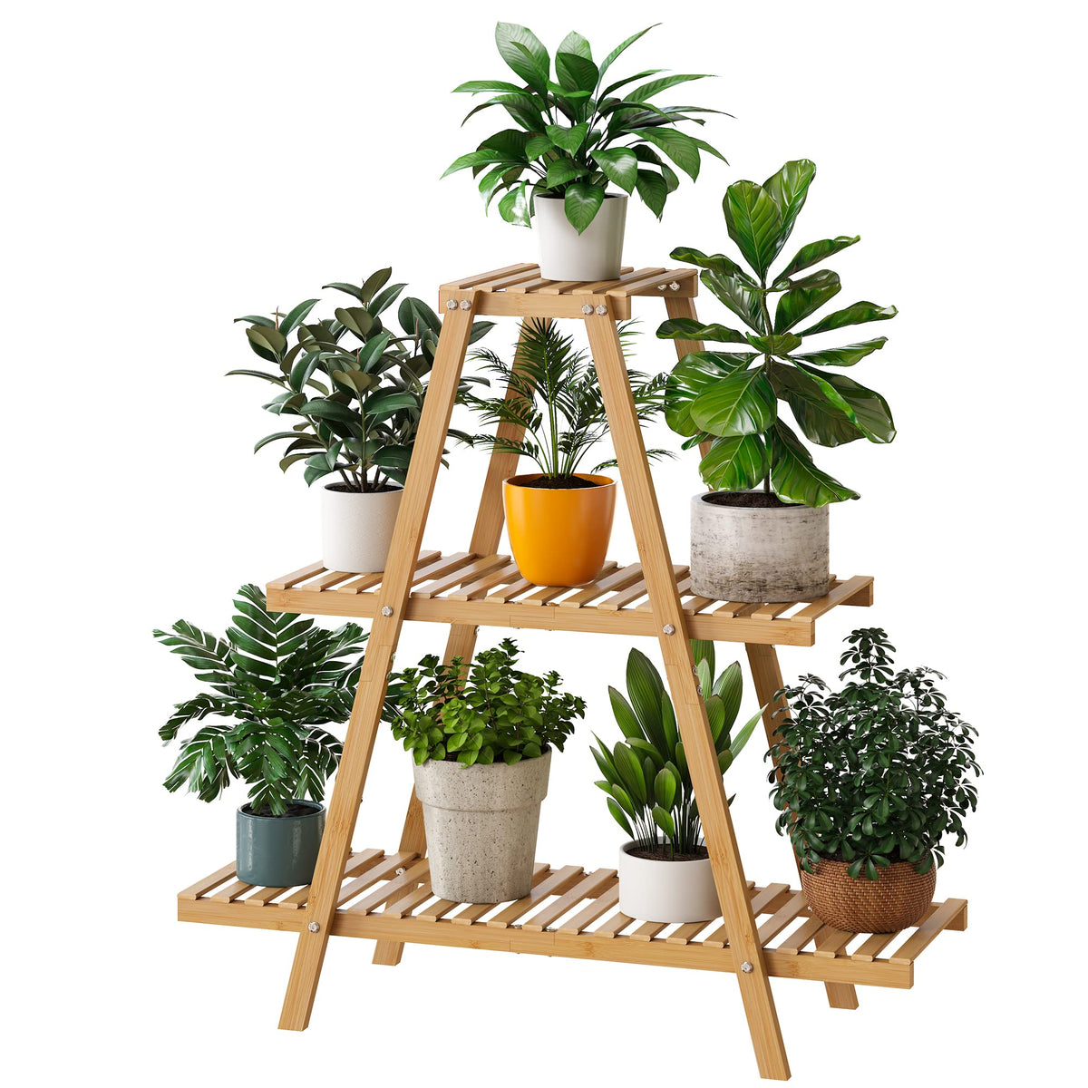 Furshus Bamboo Plant Stand front view shows a sturdy 3-tier indoor/outdoor display.
