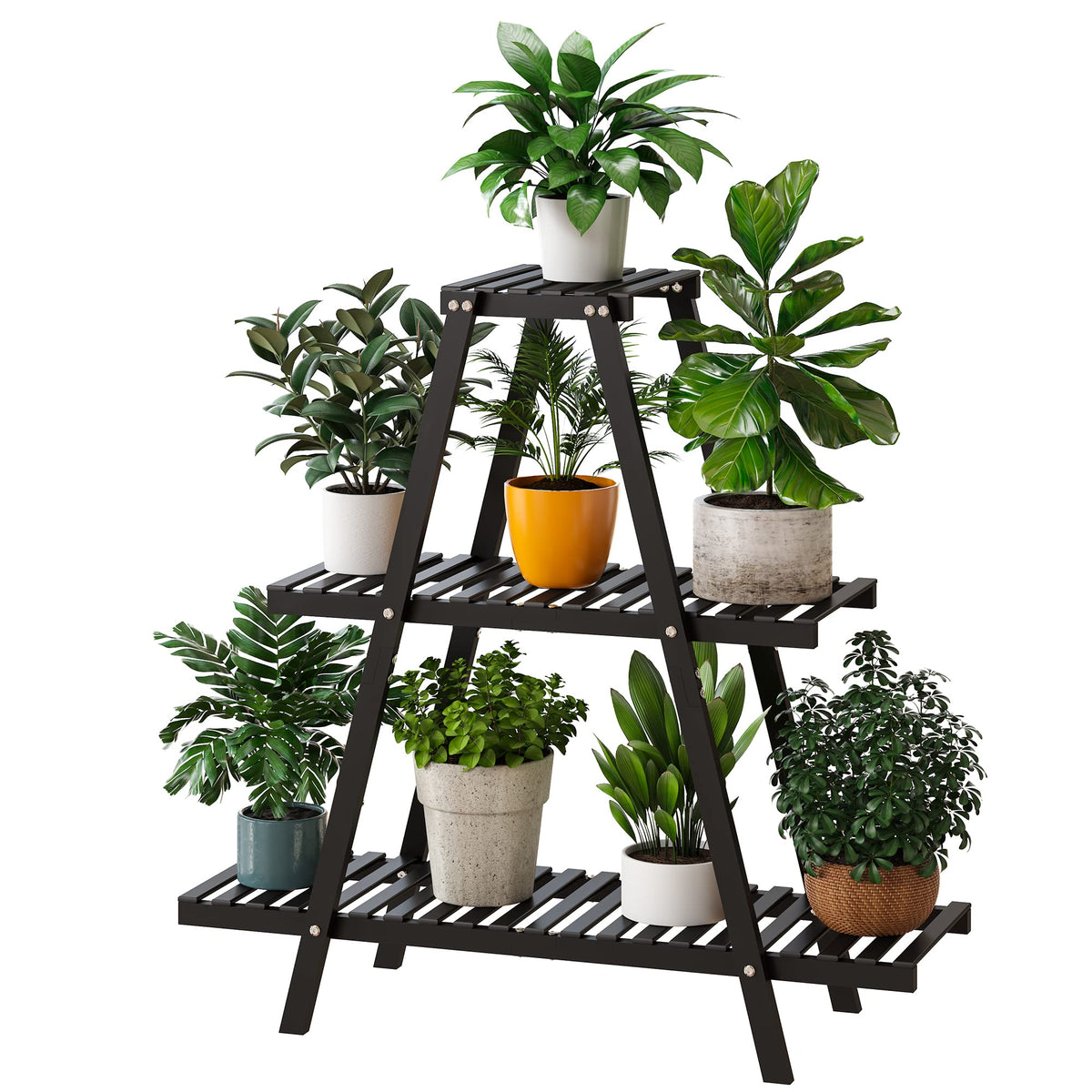 Furshus bamboo plant stand shows a 3-tier indoor-outdoor display for multiple pots