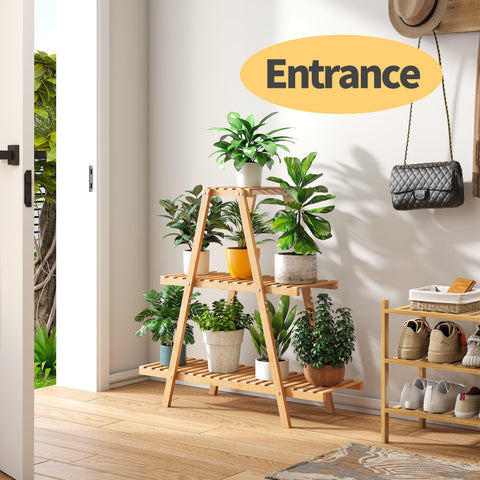 Furshus Bamboo Plant Stand eight-pots-display for organized herb and flower displays.