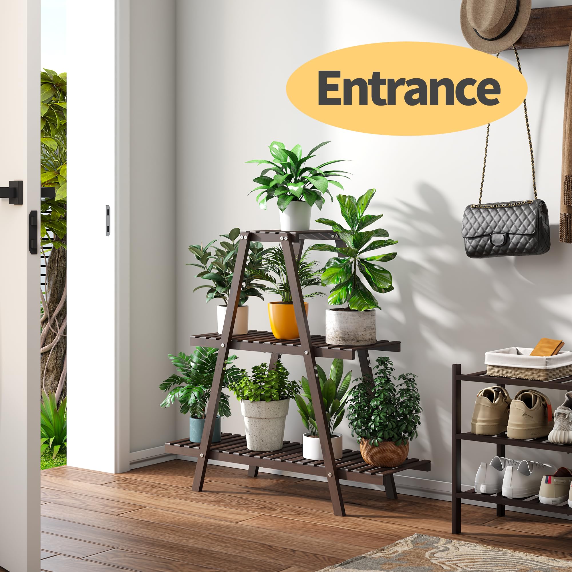 Furshus bamboo planter rack provides triangular stability for sturdy placement.