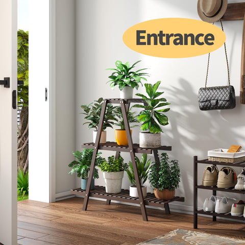 Furshus bamboo planter rack provides triangular stability for sturdy placement.