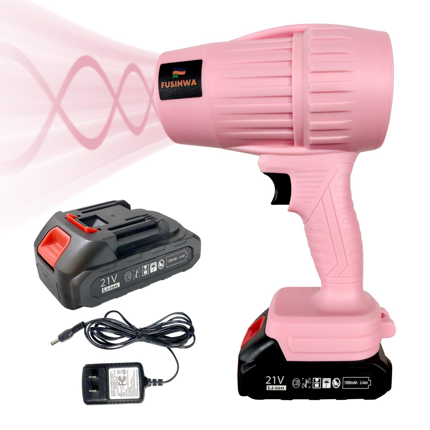 FUSIHWA handheld 21V cordless blower in pink for quick outdoor cleanup