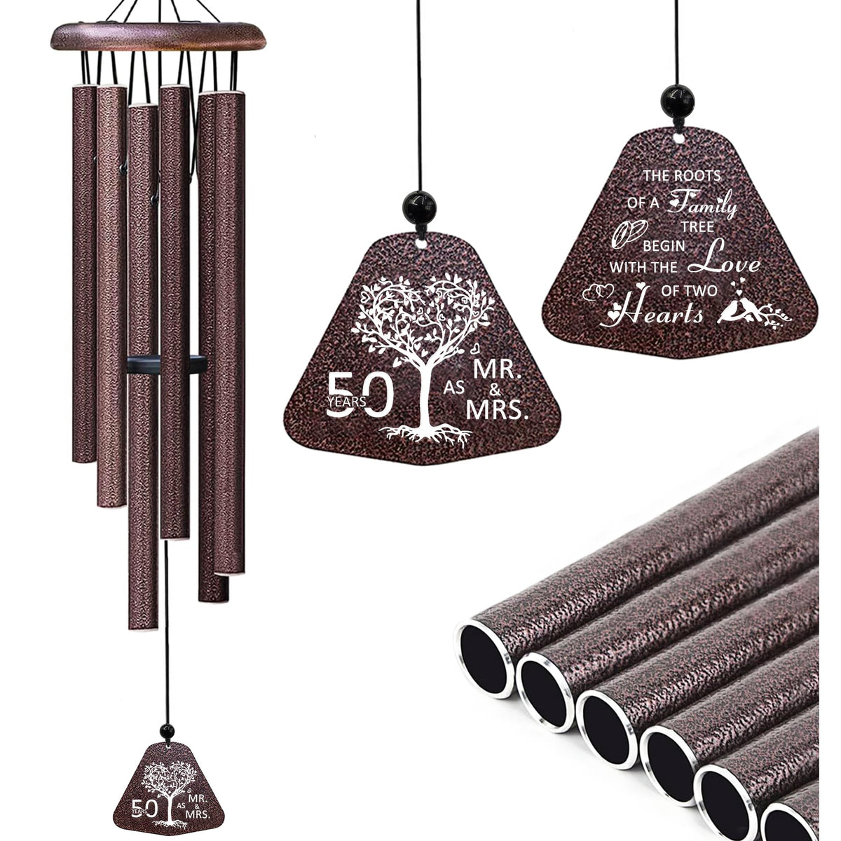 Fusui 50th anniversary wind chimes outdoors with bronze finish enhancing garden ambiance