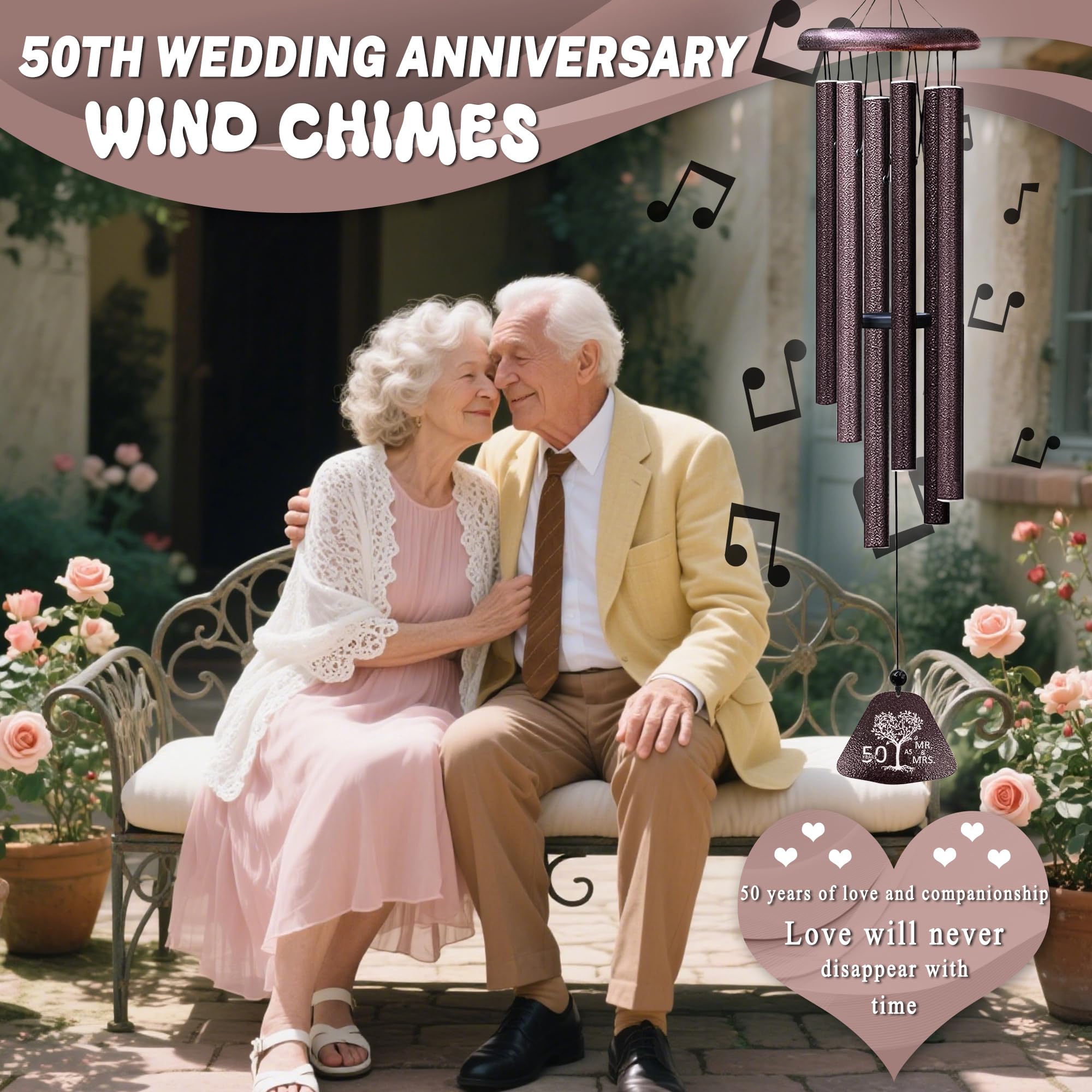 Fusui wind chime with engraved 50th anniversary words for a sentimental keepsake