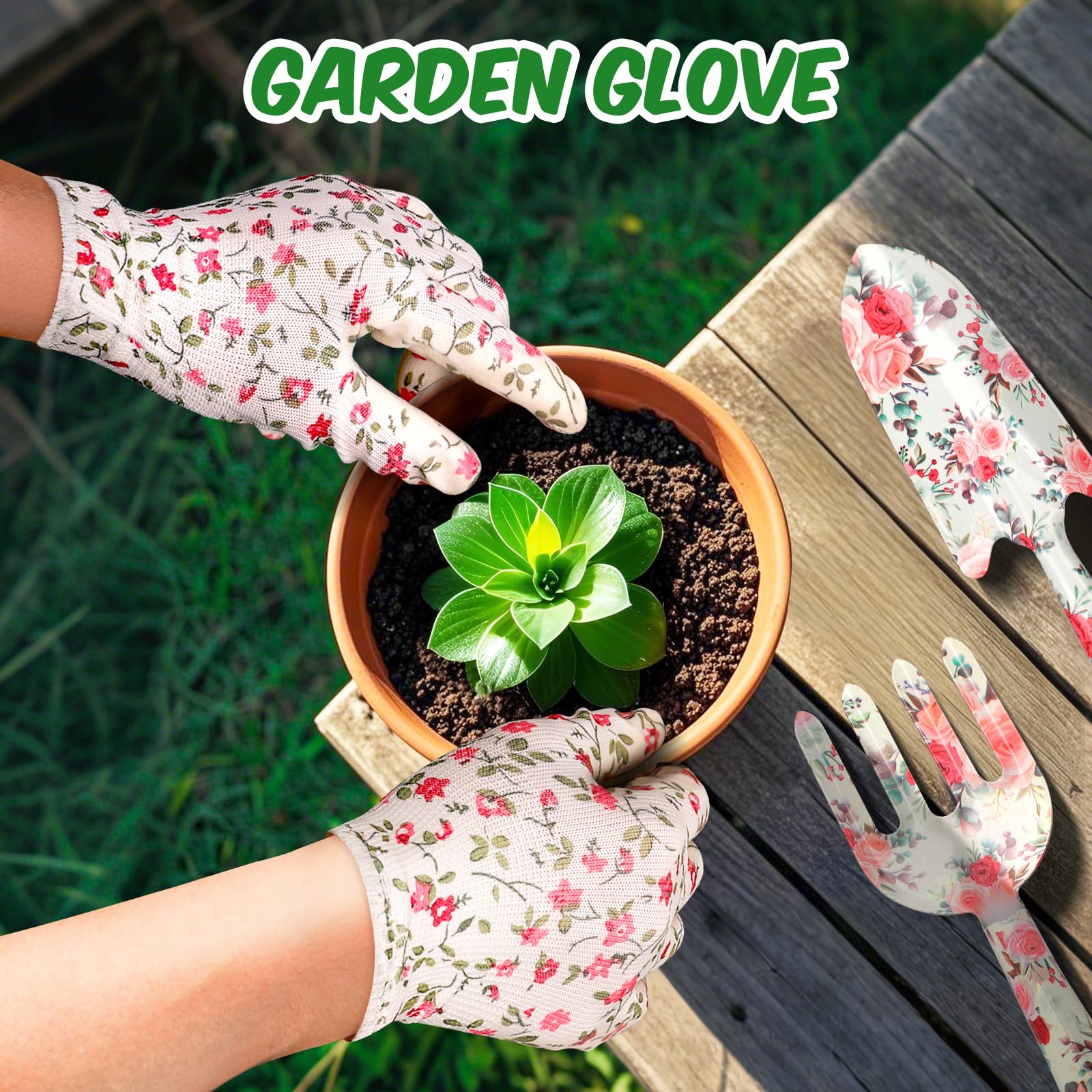Futricy pastel colors and floral accents brighten any gardening space.