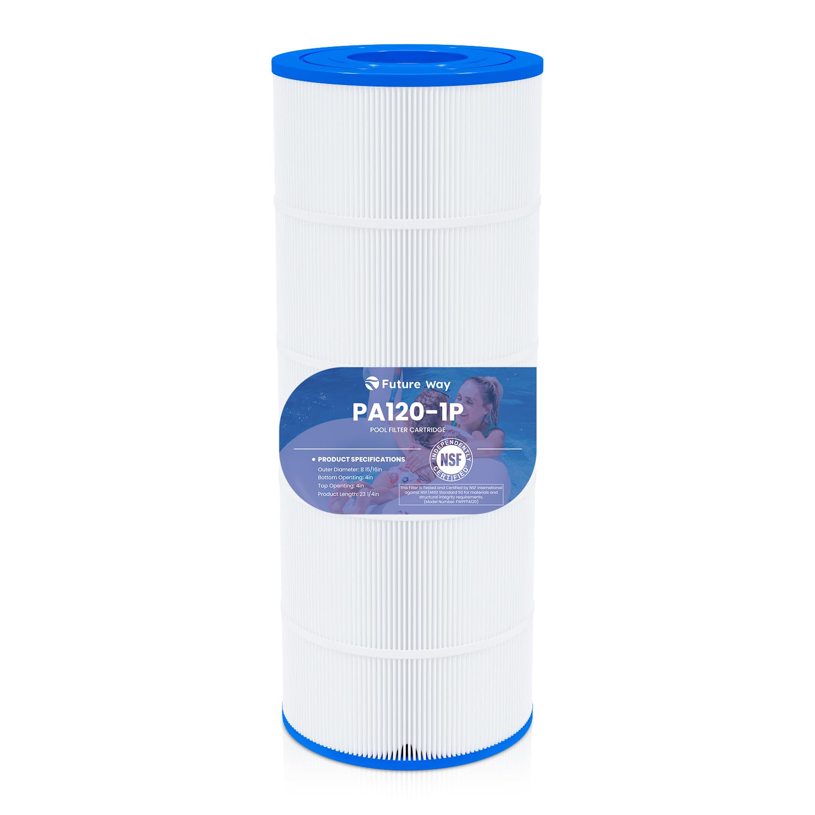 Future Way C1200 filter cartridge installed in pool filter system, delivering clear water