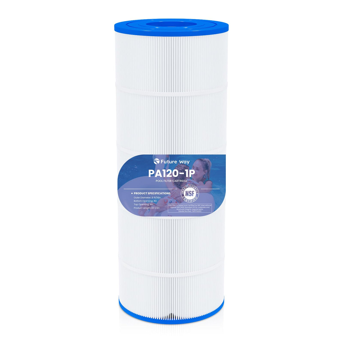 Future Way C1200 filter cartridge installed in pool filter system, delivering clear water