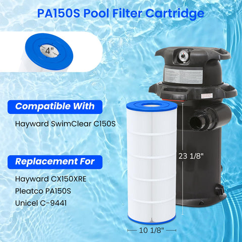 Future Way C150S filter dimensions diagram highlights length and diameter.