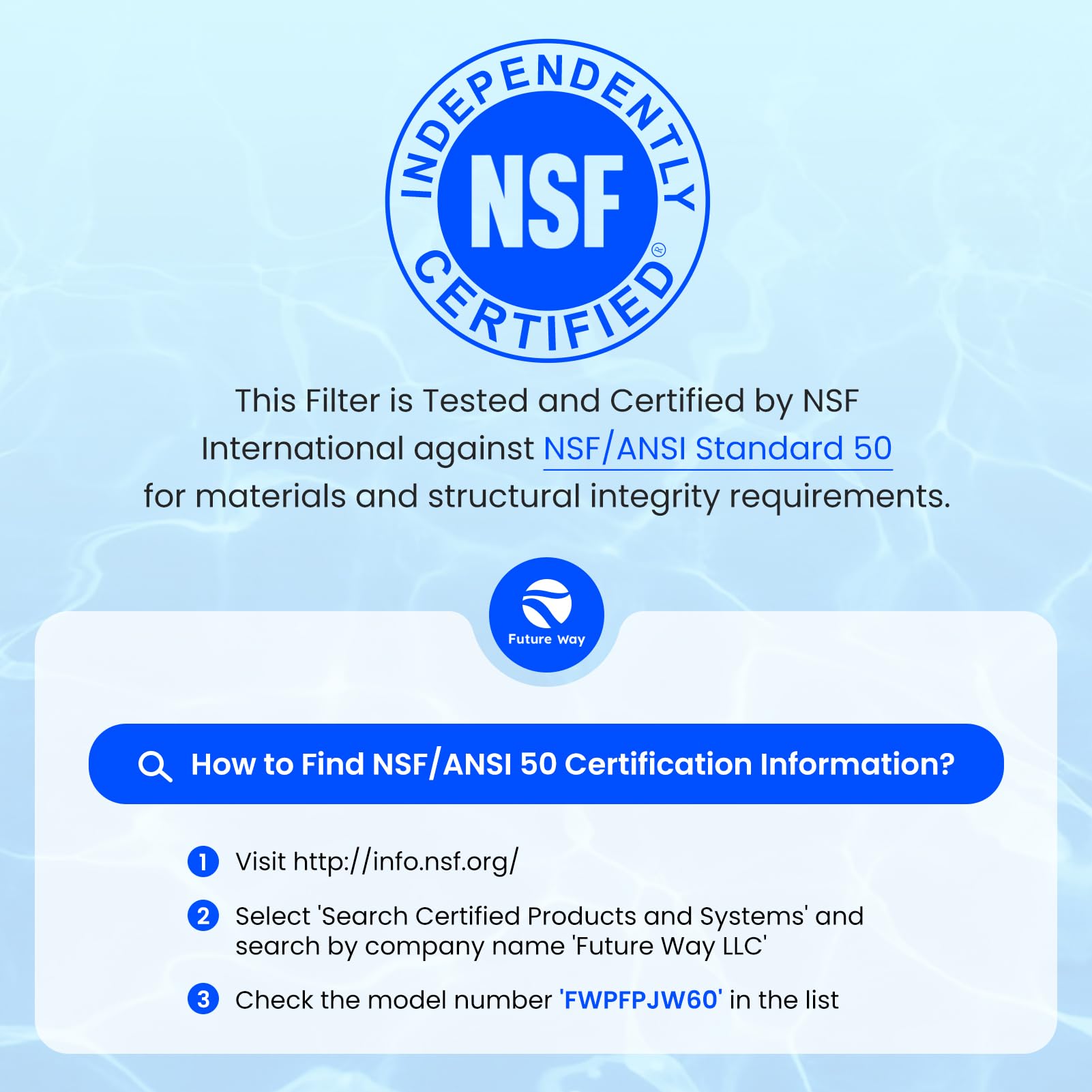 Future Way PJW60TL-F2S NSF/ANSI 50 certified materials badge