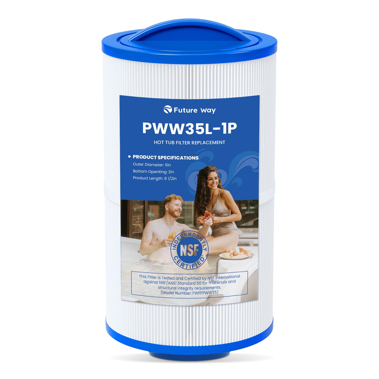 Future Way PWW35L spa filter exterior shows a durable pleated design for debris capture