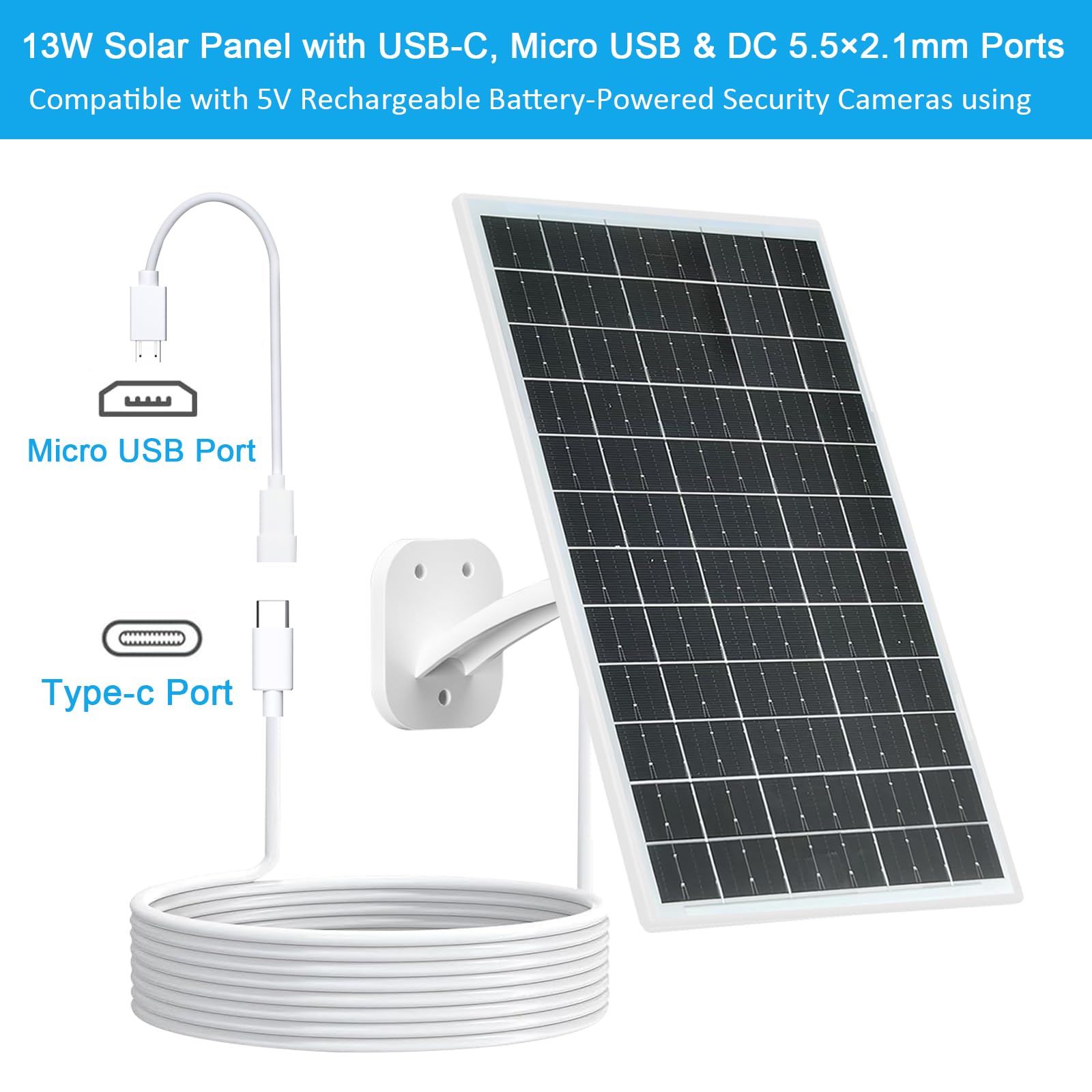 FUTUREZEN 13W solar panel 7.2ft cable supports flexible installation.