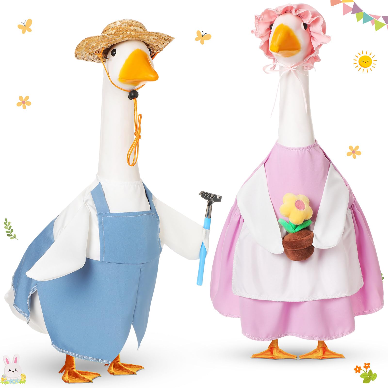 FuWeave blue gardener goose outfit on a 23-inch statue for vibrant outdoor decor