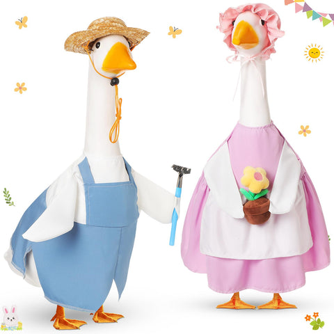 FuWeave blue gardener goose outfit on a 23-inch statue for vibrant outdoor decor