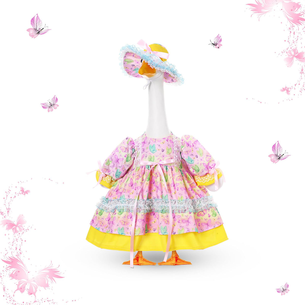 FuWeave butterfly skirt on 17-inch goose enhances porch charm