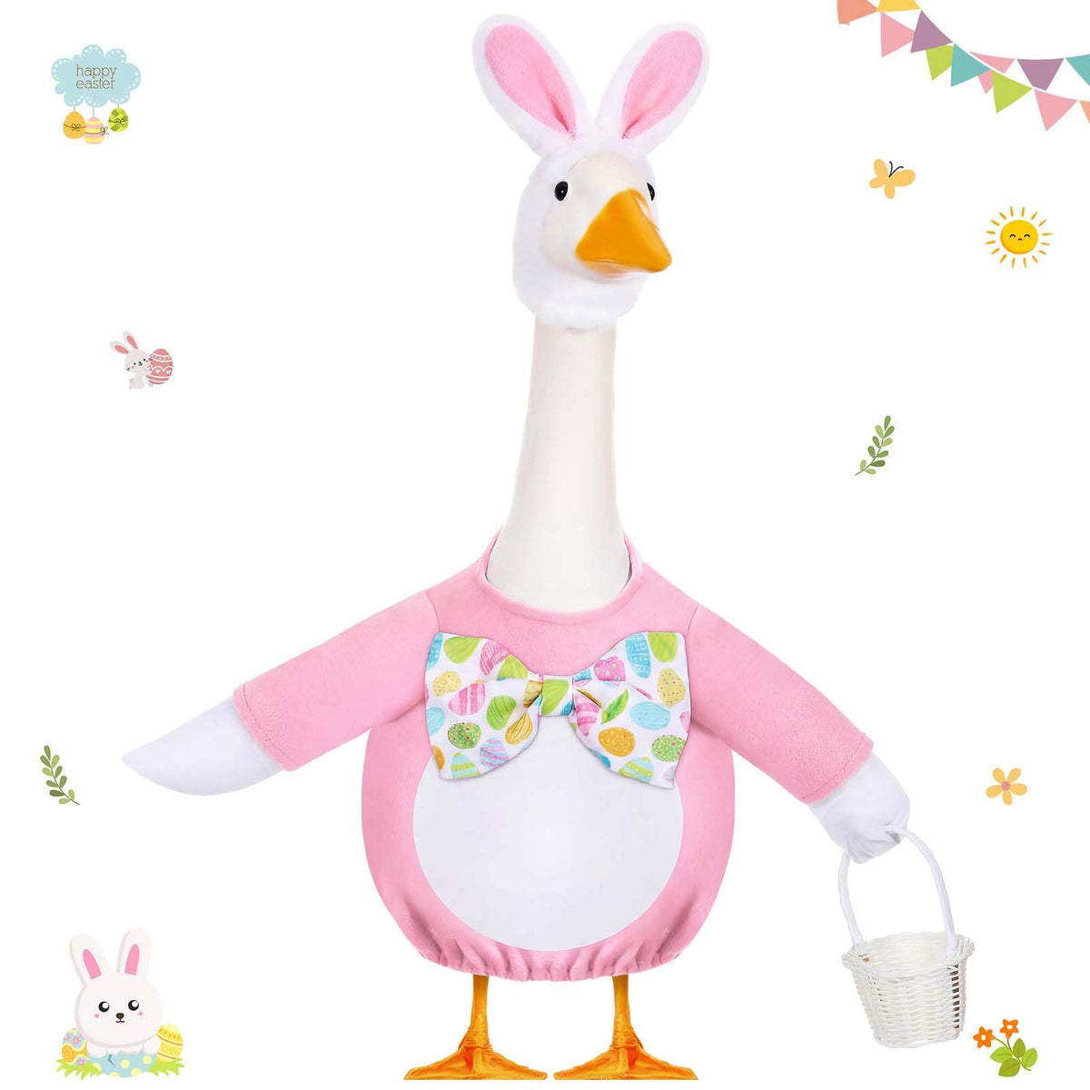 FuWeave Easter Bunny Goose Outfit on a 23-inch goose statue, festive pastel colors