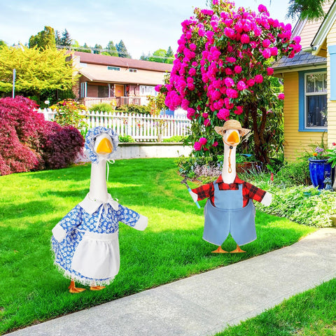 FuWeave goose outfit in blue and red brings a cheerful garden scene.