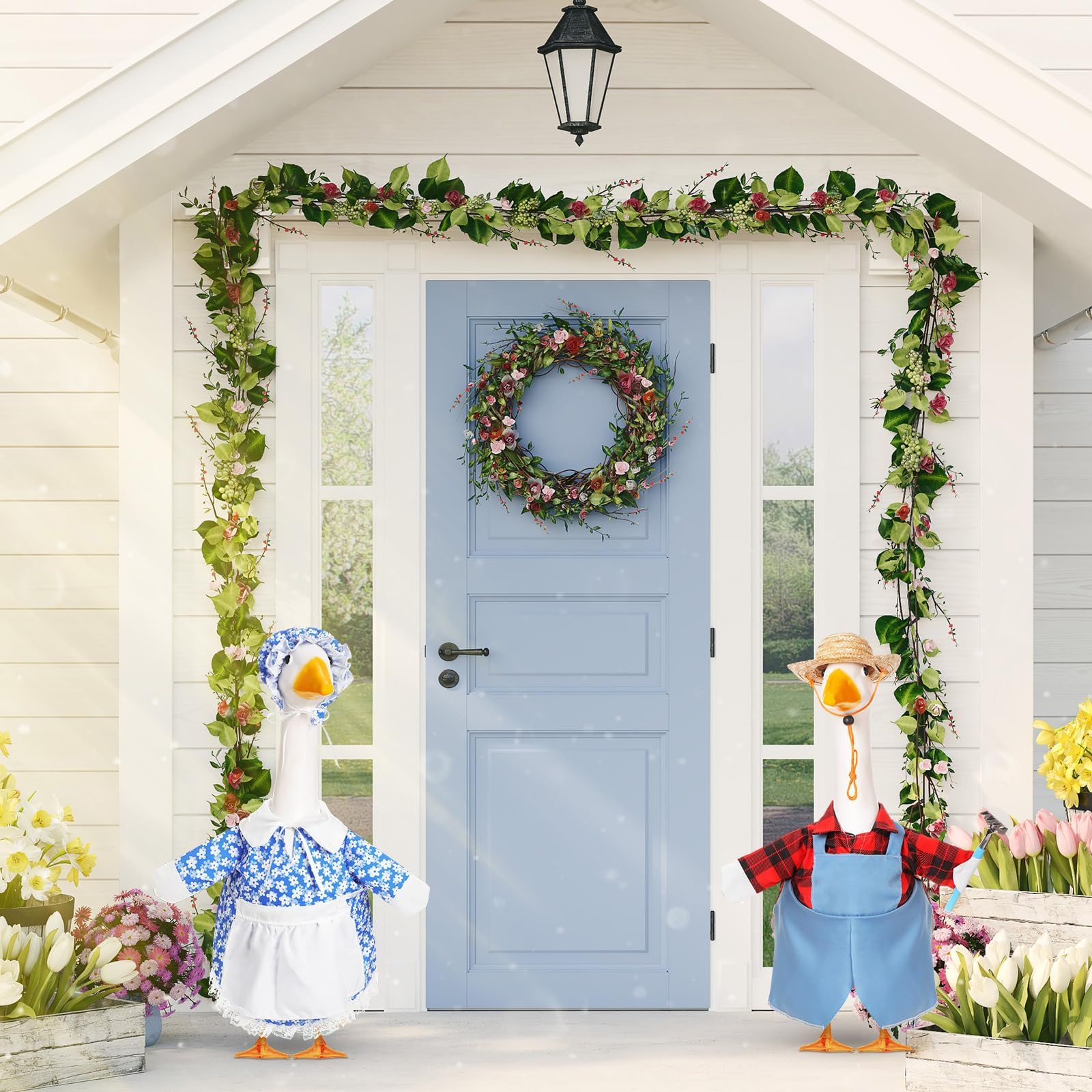 FuWeave goose outfit with small flower pot enhances porch displays and seasonal charm.