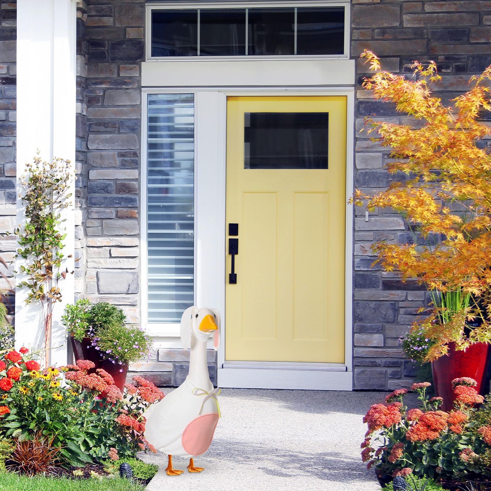 FuWeave goose outfit garden decor setup complements seasonal displays with bunny motif.