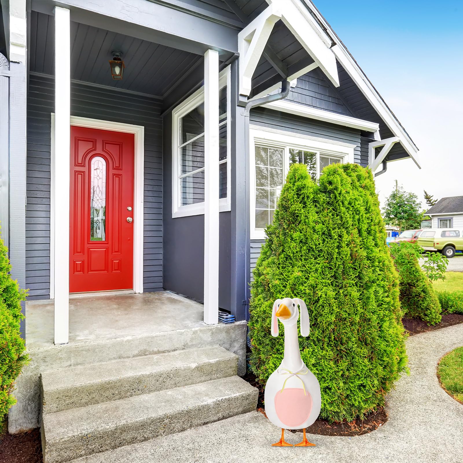 FuWeave goose outfit on outdoor lawn display shows coordinated spring style.