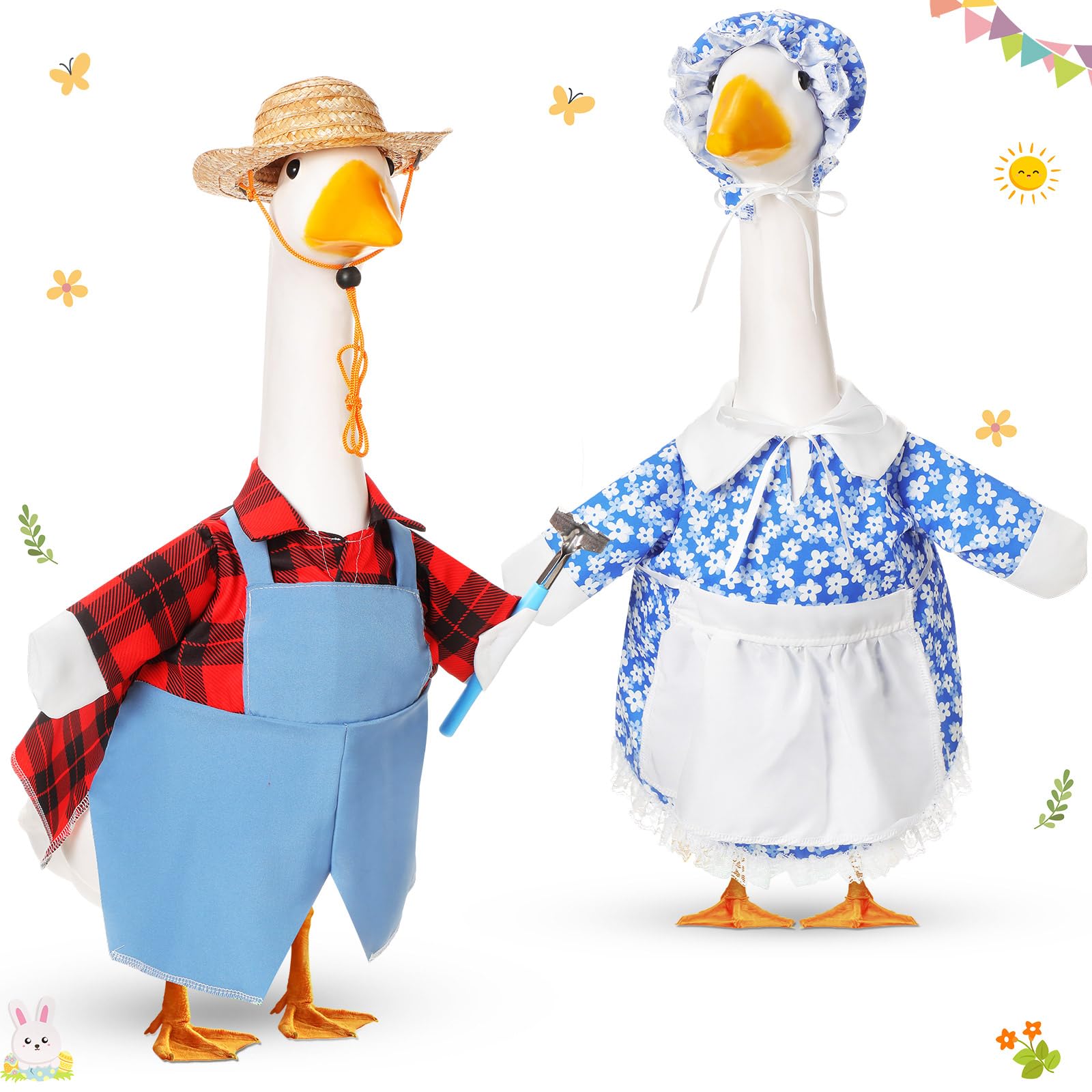 FuWeave goose outfit with spring overalls on a 23-inch statue for easy seasonal decor.