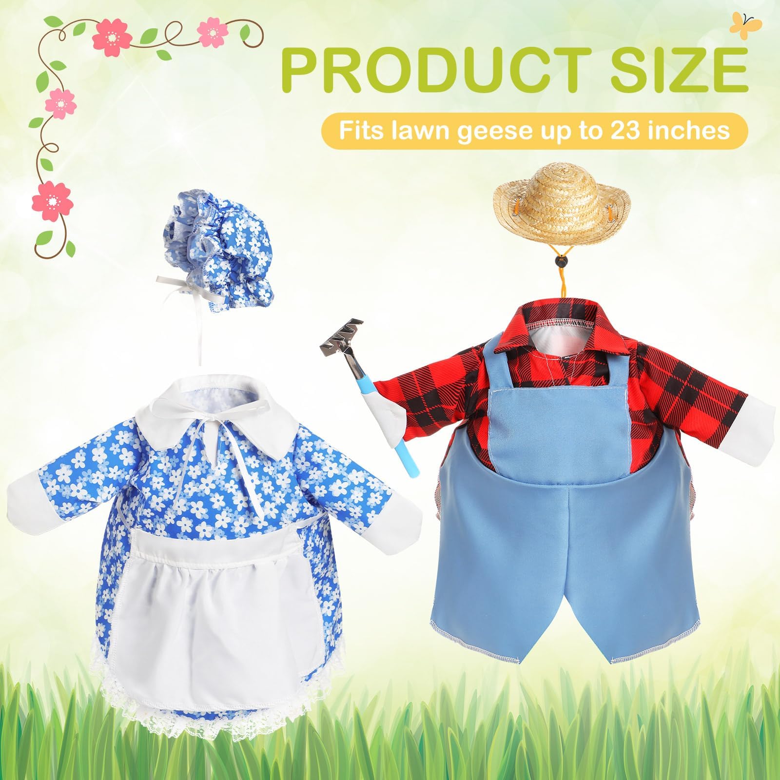 FuWeave goose outfit skirt and hats showcase vibrant blue-red design for charming yard displays.