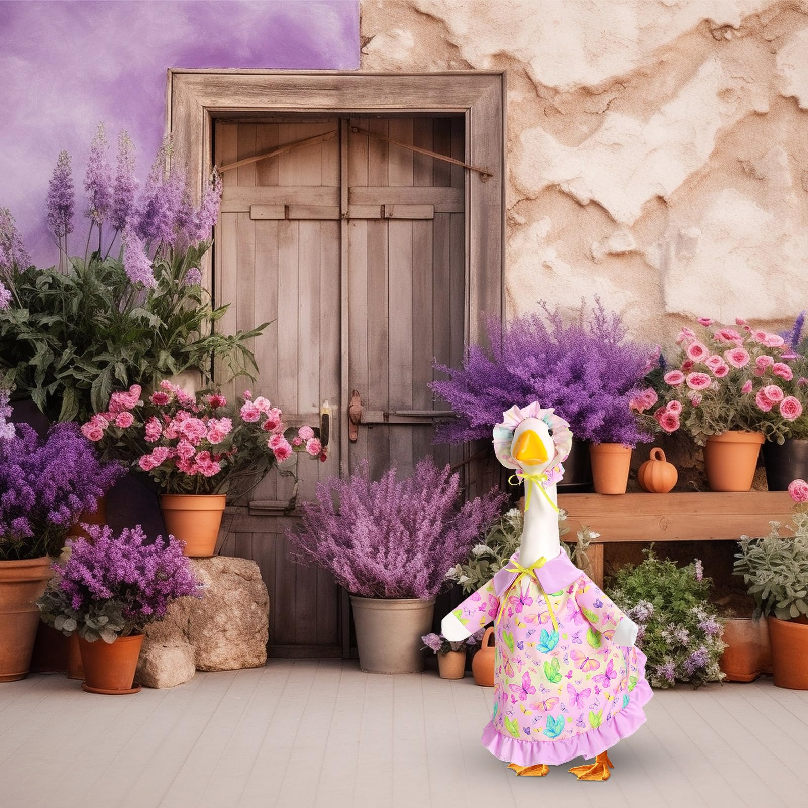 FuWeave porch decor with butterfly goose outfit for spring gatherings.