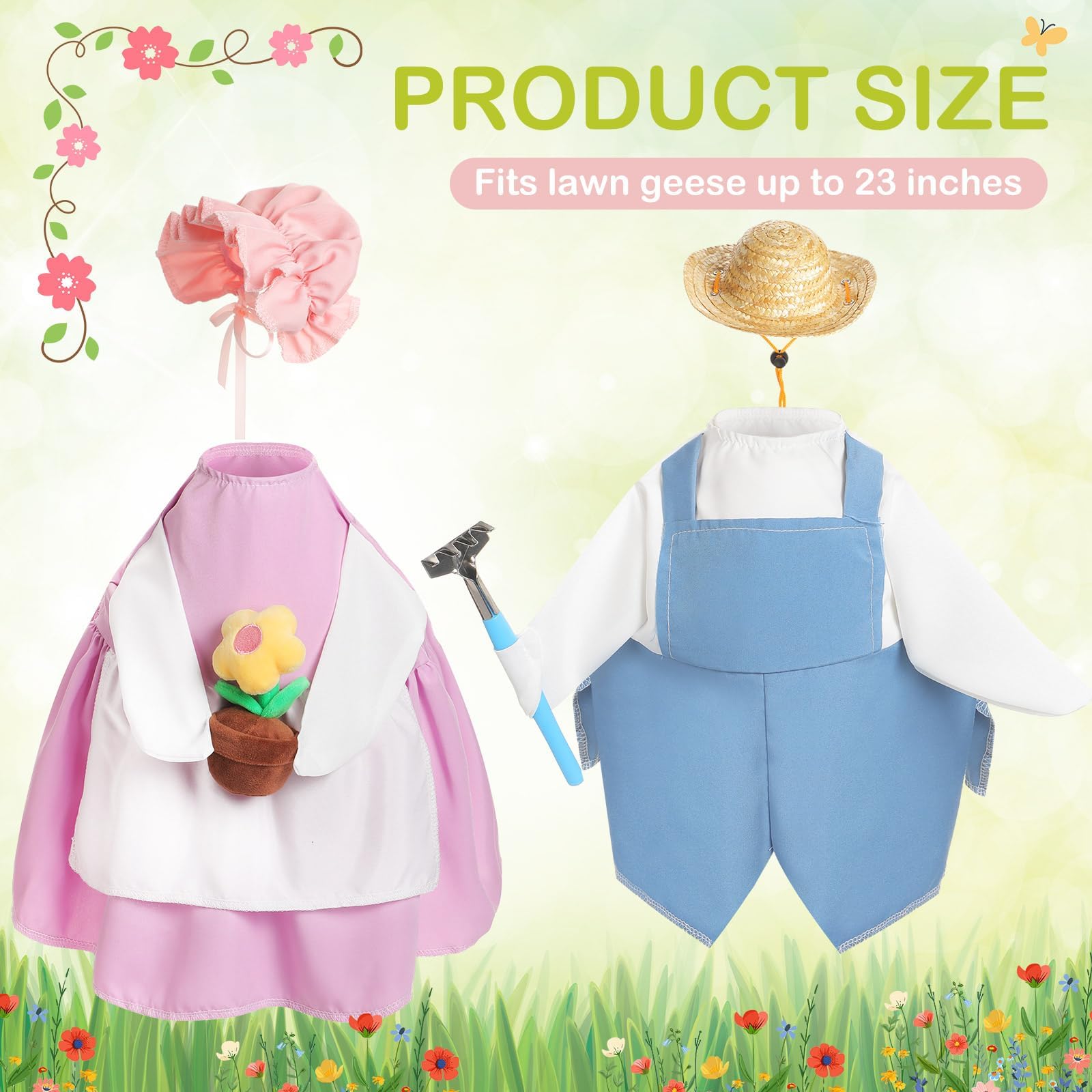 FuWeave purple gardener goose outfit on a 23-inch statue for seasonal charm