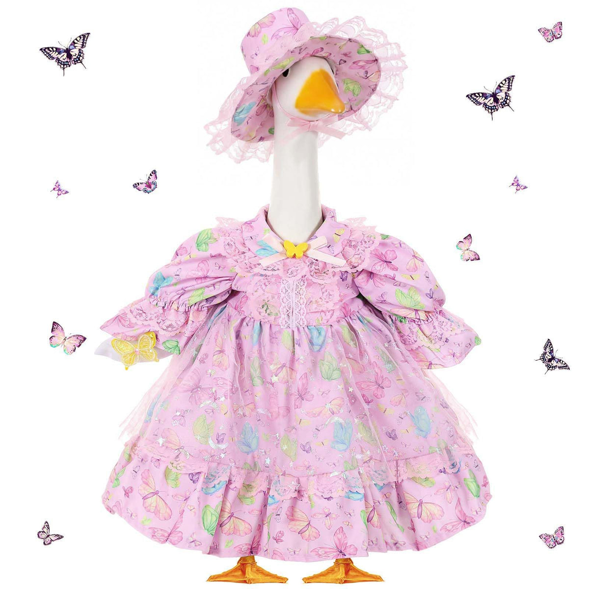 FuWeave butterfly goose outfit on a 23-inch lawn statue for vibrant outdoor decor
