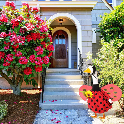 FuWeave Ladybug Goose Outfit enhances outdoor decoration with vibrant color.