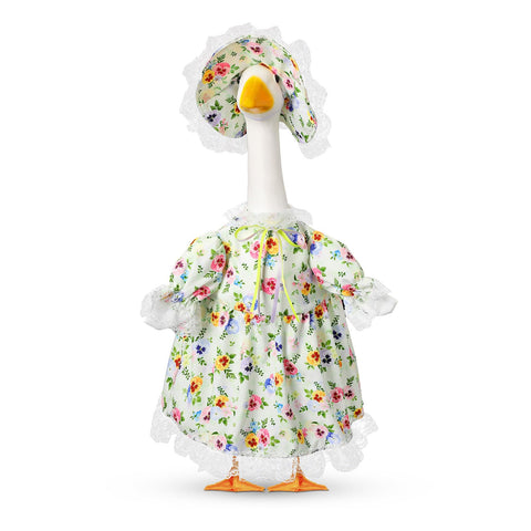 FuWeave floral skirt goose outfit on a lawn goose to boost outdoor decor appeal.