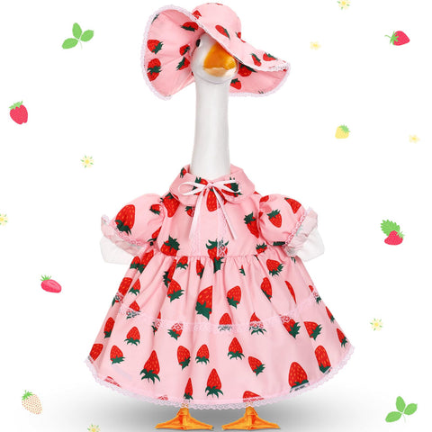FuWeave pink strawberry goose outfit adds playful summer charm to outdoor statues.