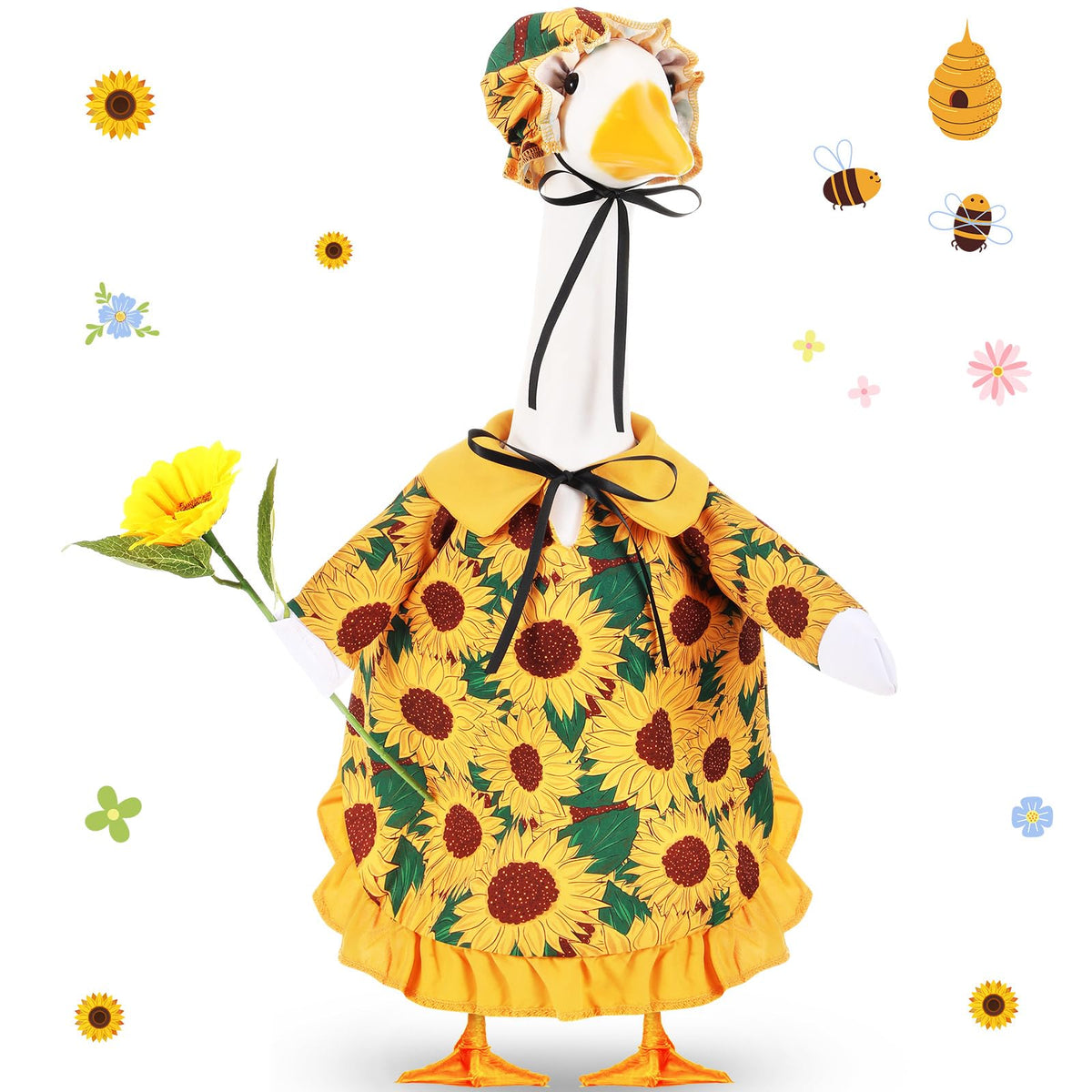 FuWeave Spring Sunflower Goose Outfit on a 23-inch goose for outdoor lawn decor.