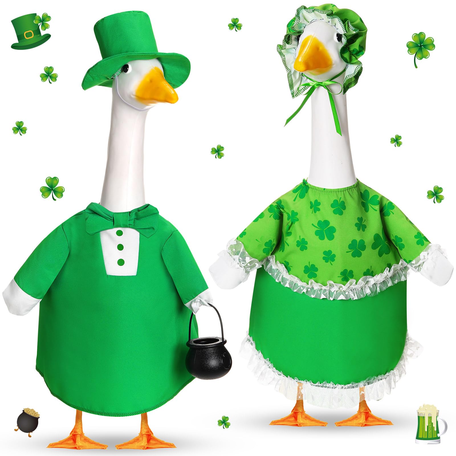 FuWeave St Patrick's Day goose outfit with green clover pattern for yard display